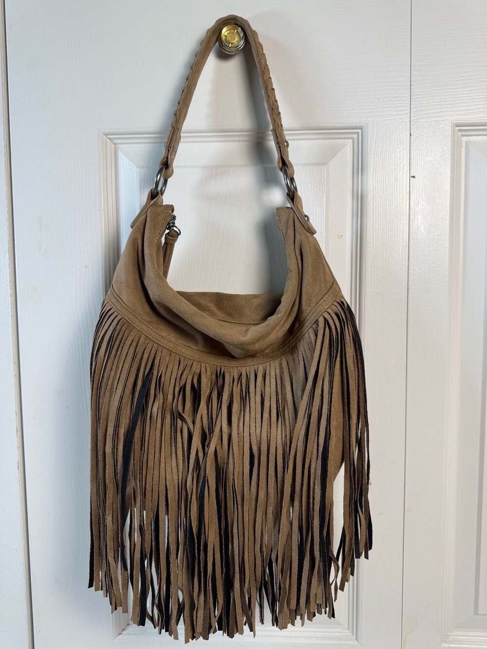 Express Genuine Suede Fringe Hobo Shoulder Bag Boho Western Festival Y2K Tan